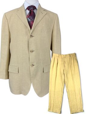 VTG Polo Ralph Lauren Men's Flax Linen Suit Jacket 42R Pants 34R Pleated Cuffed